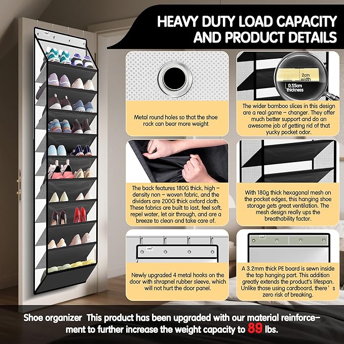 Kotkn 10 Tier Hanging Shoe Rack - Heavy Duty Behind The Door Hanging Shoe Rack, Sturdy Oxford Cloth, 20+ Pairs Over The Door 