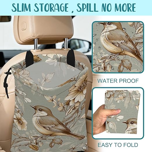 Car Garbage Bag Vintage Bird and Floral Hanging Canvas Car Trash Bag Drawstring Car Back Seat Organizer for Car Back Front Seat Console with Adjustable Buckle