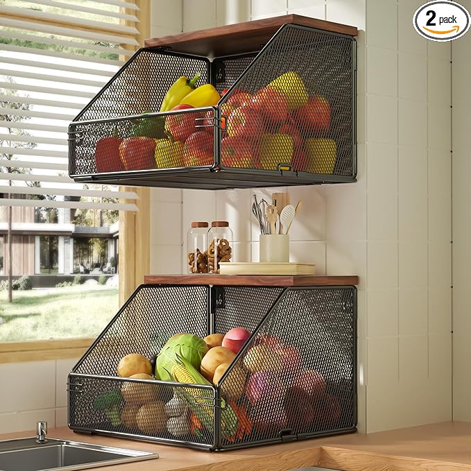 Stackable Fruit Basket for Kitchen Countertop Space Saving, Wall Mounted Mesh Metal Wire Basket with Wood Lid Extra Storage, 