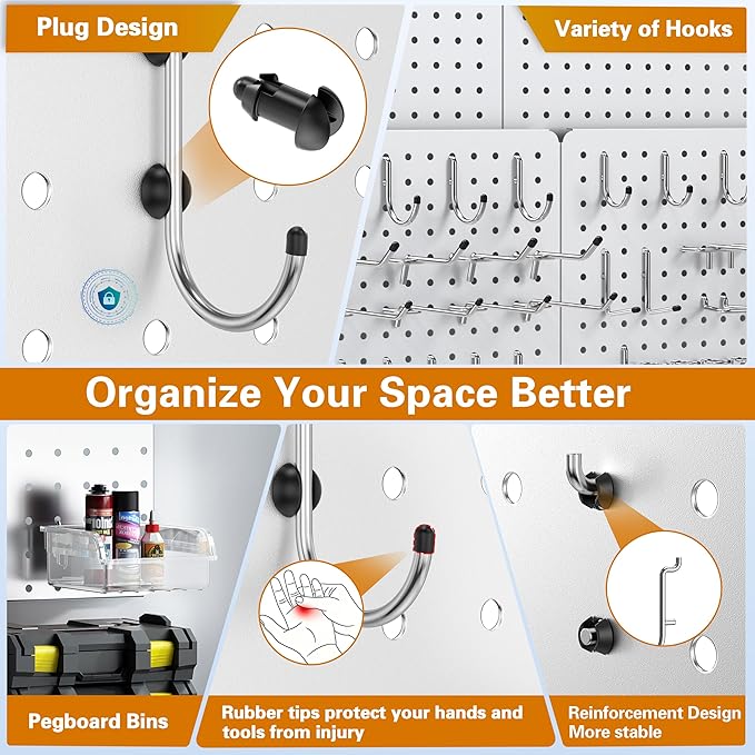 Peg Board, 70PCS Heavy Duty Metal Pegboard with Hooks, 6 Pack White Peg Board Panels, 50lbs Load Capacity Each, Pegboard Wall