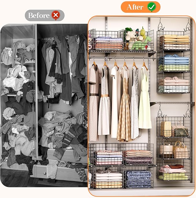 Sonyabecca 3-Tier Hanging Closet Organizer, Foldable Cabinet Wire Storage Basket Bins with 5 S Hooks, Closet Shelves & Hangin
