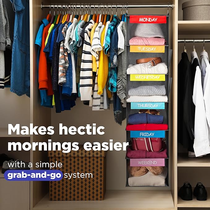 Handy Laundry Hanging Clothes Organizer for Kids - 6-Shelf Closet Daily Clothing Organization Labeled Shelves with Days of Th