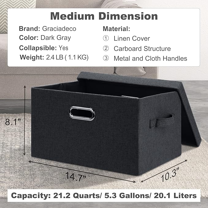 Graciadeco Medium 15" 21 Quart Collapsible Stackable Storage Bins with Lids, 5 Packs Dark Gray Foldable Fabric Closet Storage