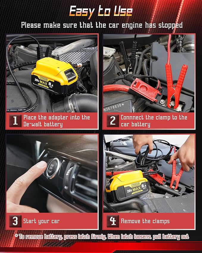Jumper Cables Compatible with Dewalt 20v Battery, Jumper Starter with Adapter (Battery not Included), Portable Automotive Booster Cables Power for Car Jump Starting Using Tool