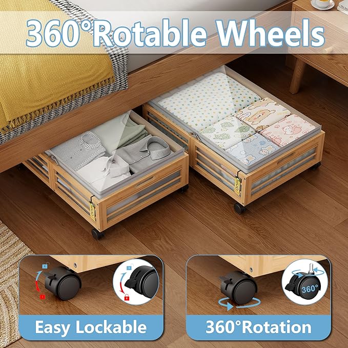 Under Bed Storage Containers with Wheels, Larger Bamboo Wood Under Furniture Storage Containers with Dust Bags，Rolling for Sh