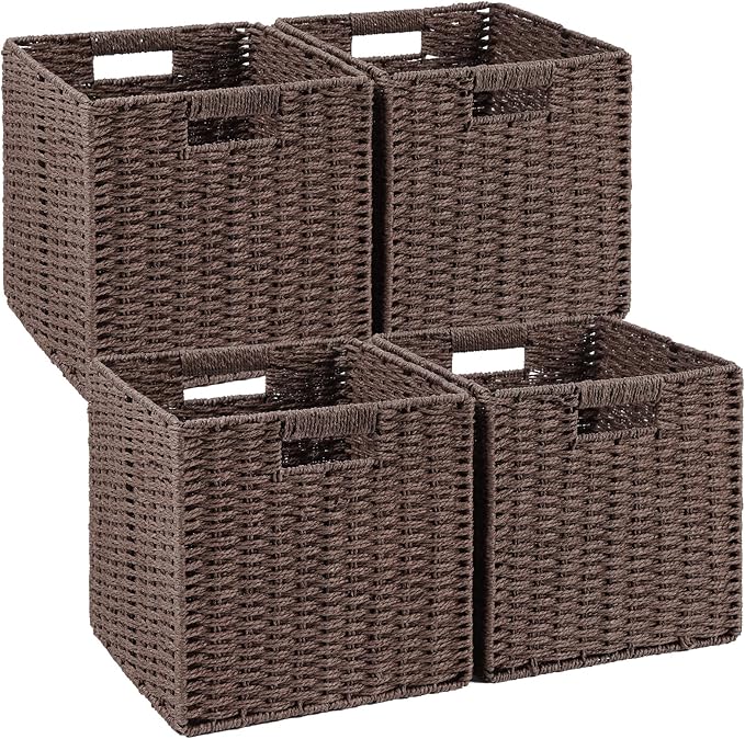Woven Wicker Storage Baskets 4-Pack, 11x11 Handwoven Paper Rope Organizer Bins, Foldable Cube Storage Cubes with Built-in Han