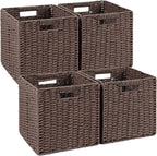 Woven Wicker Storage Baskets 4-Pack, 11x11 Handwoven Paper Rope Organizer Bins, Foldable Cube Storage Cubes with Built-in Han