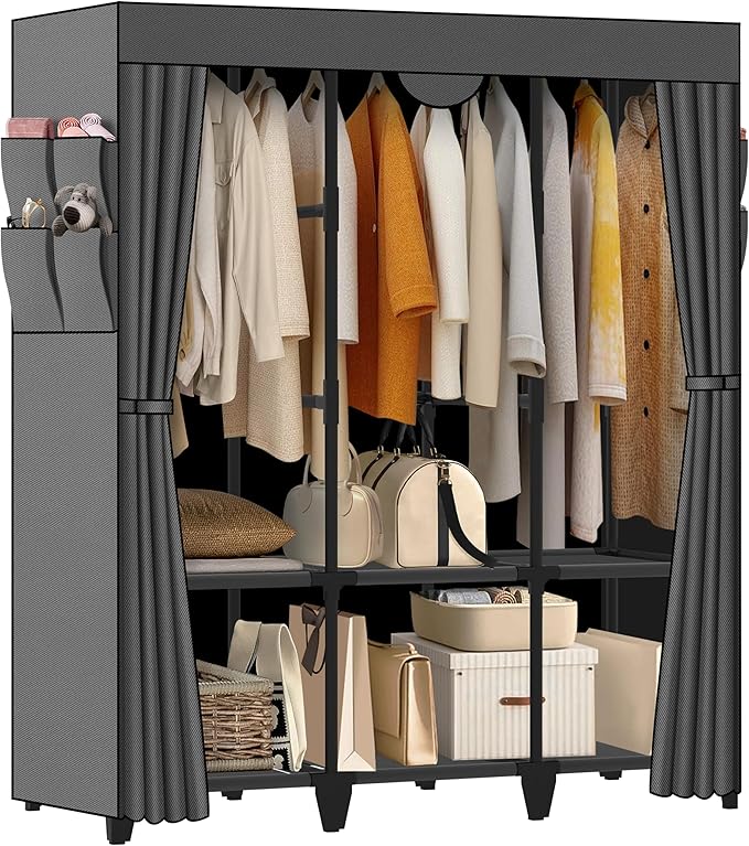Wardrobe Closet, Quick and Easy Assembly, Gray Large Capacity Portable Closet with 3 Hanging Rods 6 Storage Shelves and 8 Sid
