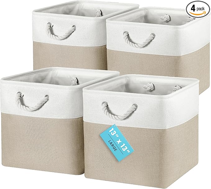 OrganiHaus 13x13 Cube Storage Bins 4 Pack, Foldable Cube Storage Organizer w/ Rope Handles, Collapsible Fabric Bins for Toys,