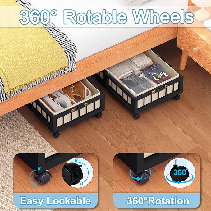 efluky 2-Pack Bamboo Under Bed Storage Containers with Wheels, Under Bed Clothes Storage Basket with Large Dust Bag, Rolling 