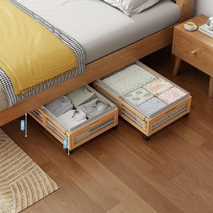 Under Bed Storage Containers with Wheels, Larger Bamboo Wood Under Furniture Storage Containers with Dust Bags，Rolling for Sh