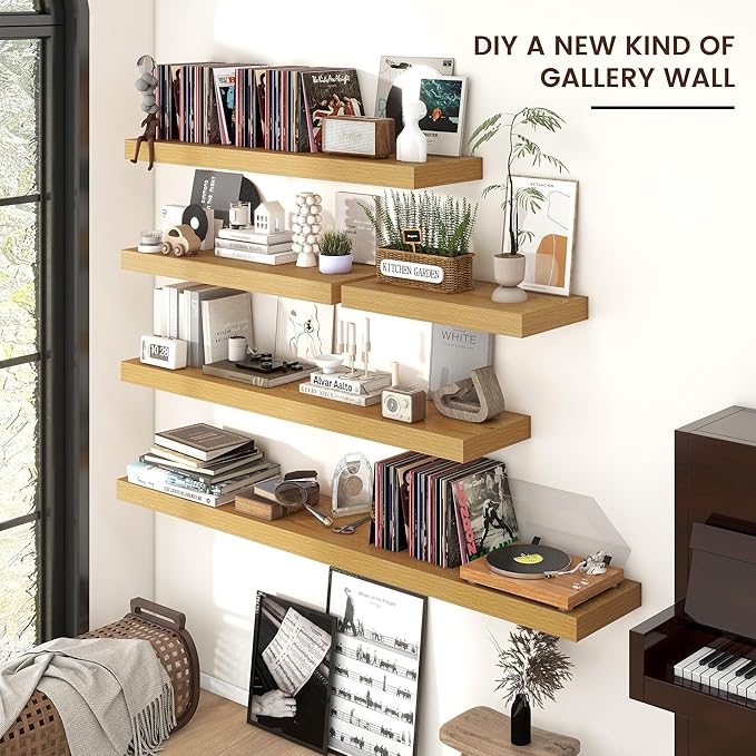 Floating Shelves for Wall, 36" W x 12" D x 2" H, 2 Pack of Long Wall Mounted Engineered Wood Shelves with Invisible Brackets 