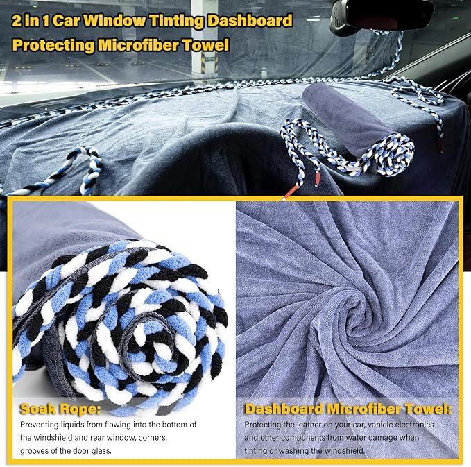 Gomake Window Tint Dash Cover Towel Absorbent Car Dashboard Protection Microfiber Towel Strand Soak Rope Car Windshield Back Window Tinting Tools with Bulldozer Squeegee Scrubber Paddle Squeegee