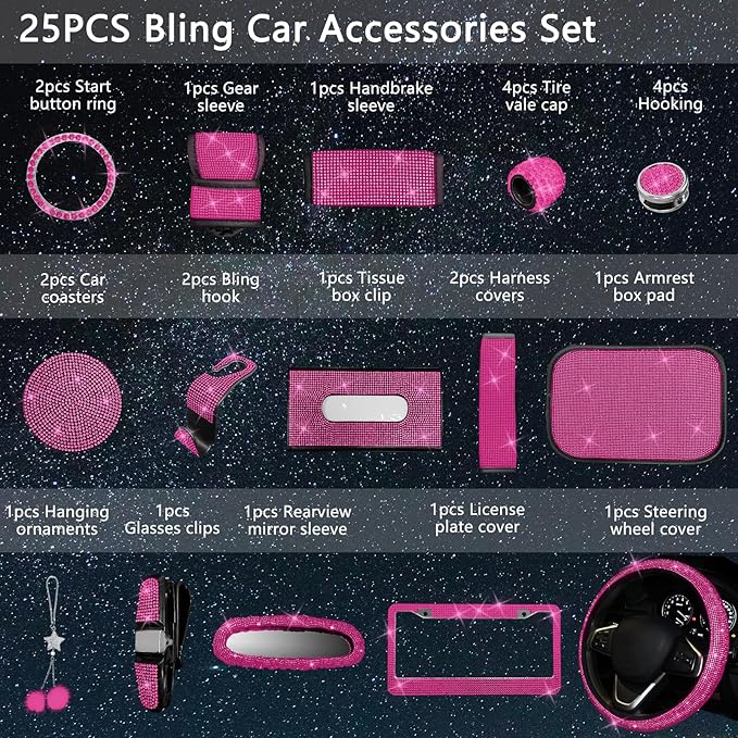 25PCS Bling Car Car Accessories Set,15 Inch Steering Wheel Cover,Shiny License Plate Frame,Center Console Cover and Rearview Mirror Set and Other Car Accessories(Rose Pink)
