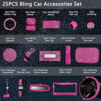 25PCS Bling Car Car Accessories Set,15 Inch Steering Wheel Cover,Shiny License Plate Frame,Center Console Cover and Rearview Mirror Set and Other Car Accessories(Rose Pink)