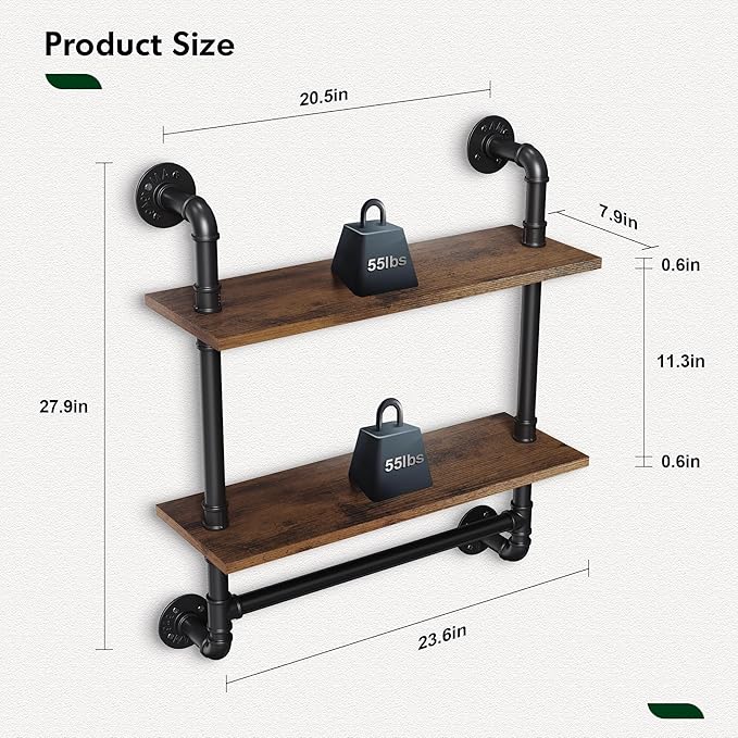 Merapi 24" Industrial Floating Shelves with Tower Bar, Pipe Shelves for Wall, 2 Tier Rustic Wood Wall Shelves for Home Décor,