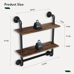 Merapi 24" Industrial Floating Shelves with Tower Bar, Pipe Shelves for Wall, 2 Tier Rustic Wood Wall Shelves for Home Décor,