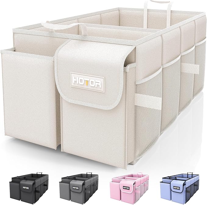 HOTOR Trunk Organizer - Foldable Car Storage for SUVs & Sedans, Sturdy Organization for Accessories, Tools, Sundries, Beige,