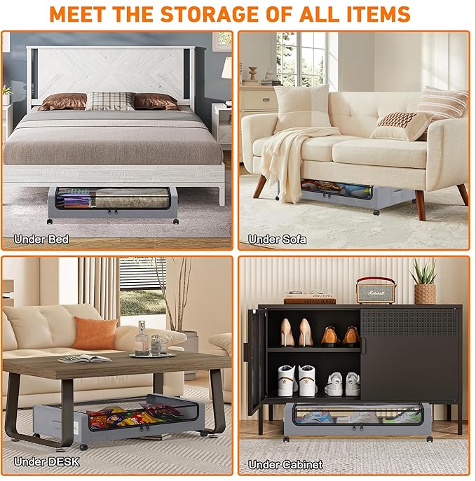 Under Bed Storage with Wheels, 2 Pack Under Bed Storage Containers with Dividers & Clear Lids, XXL 65L Under the bed storage 