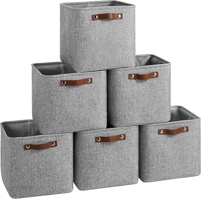 FinishingBo Cube Storage Baskets 6 Pack, 11x11 inch Cube Storage Bins with Leather Handles for Shelf Closet (Gray)
