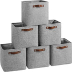 FinishingBo Cube Storage Baskets 6 Pack, 11x11 inch Cube Storage Bins with Leather Handles for Shelf Closet (Gray)