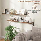 Axeman 48 Inch Floating Shelves | 8 Inch Deep Walnut Wall Shelves Set of 2 | 47.3W x 8D Rustic Wood Shelves for Bookshelf Liv