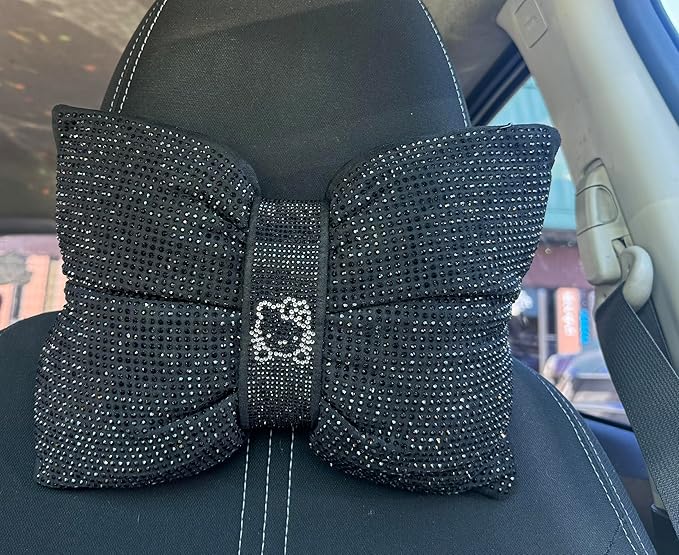 Fashion Car Ultra Bling Steering Wheel Cover with Sparkly Diamond Rhinestones, Gorgeous Accessory with Anti Slip Lining Extra Bling Especially Shiny Cat Exotic Universal (Headrest Black Cat Silver)