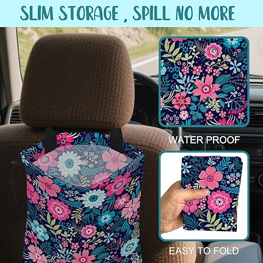 Car Garbage Bag Abstract Blue Pink Flowers Hanging Canvas Car Trash Bag Waterproof Drawstring Car Back Seat Organizer for Car Back Front Seat Console with Adjustable Buckle