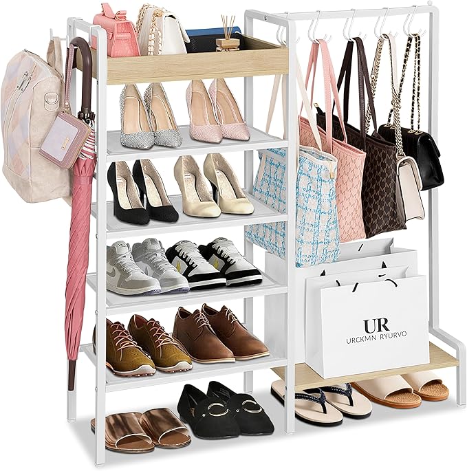 2-in-1 Shoe Rack for Closet with Purse Organizer, 5 Tier Shoes Shelf with Wooden Tray and Removable Shelves, Storage Organize