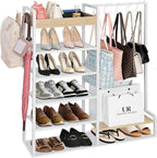 2-in-1 Shoe Rack for Closet with Purse Organizer, 5 Tier Shoes Shelf with Wooden Tray and Removable Shelves, Storage Organize