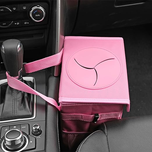 Car Garbage can with lid Leak Proof Vehicle Trash Can 3 Storage Pockets Hanging Waterproof car Trash Bag for SUV Pink