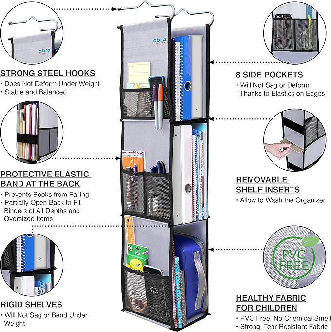 ABRA® 3 Shelf Hanging Locker Organizer for School, Gym, Work, Storage | Deep Shelves 6.5”x 9”| Eco-Friendly Fabric Healthy fo