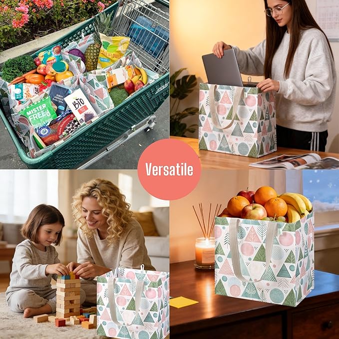 VENO 4 Pack Reusable Grocery Bags, Heavy-Duty Shopping Bags with Handles, for Shopping Cart with Hard Bottom to Stand Upright, Foldable (Pastel Forest, 4 Pack)
