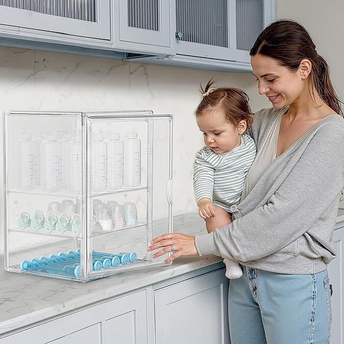 HBlife Baby Bottle Storage Organizer for Countertop Cabinet, 3 Tiers Adjustable Clear Acrylic Bottles Storage Station Case Bo