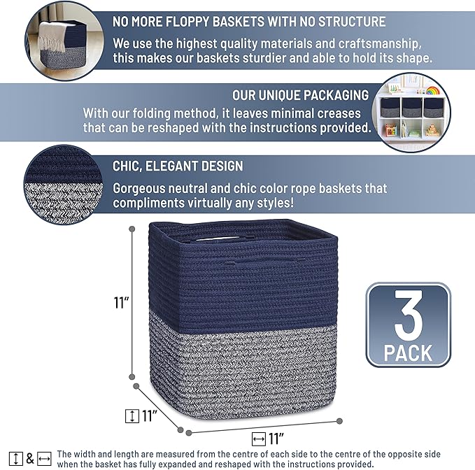 NaturalCozy Storage Cubes 11 Inch Cotton Rope Woven Baskets for Organizing, 3-Pack | Cube Storage Bin | Square Storage Basket