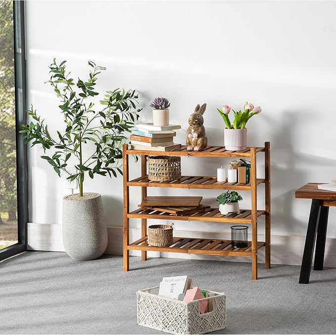 VICTORY RELAX Natural Acacia Wood 2-Tier Folding Shoe Rack – Space-Saving Wooden Shoe Organizer Shelf for Entryway, Hallway, 