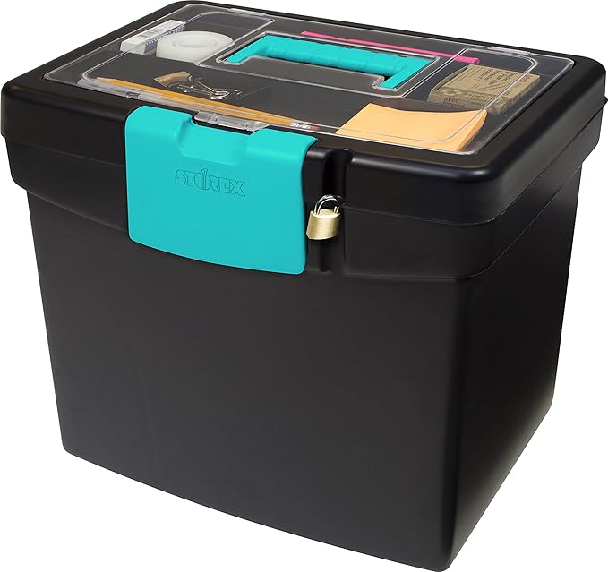 Storex Portable File Box, with Lockable XL Supply Storage Lid and Carry Handle, Black/Teal, 10.9 x 11 x 13.25 Inches, 2-Pack 