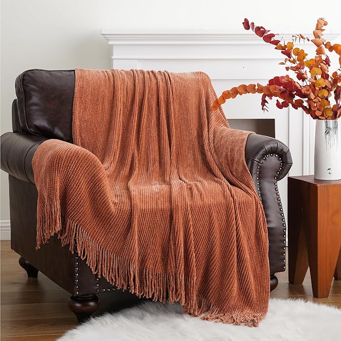 BATTILO HOME Rust Orange Throw Blanket for Couch, Soft Chenille Knit Throws with Tassels for Home Decor, Fall Caramel Throws 