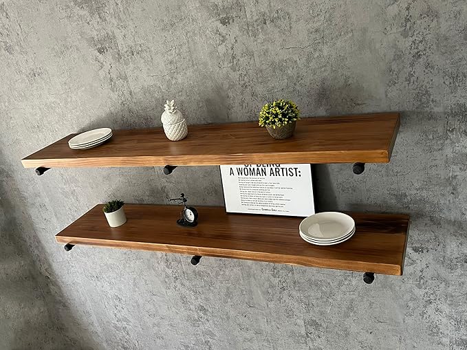 Industrial Pipe Wall Wood Shelves,Real Wooden Shelves 60" in Special Brown Color with 11.8" Extra Width, Modern Floating Shev