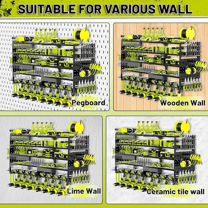 5 Layers Power Tool Organizer Wall Mount, Metal Cordless Tool Hanger Storage Rack Holder with 8 Drill Holders, Heavy Duty Gar
