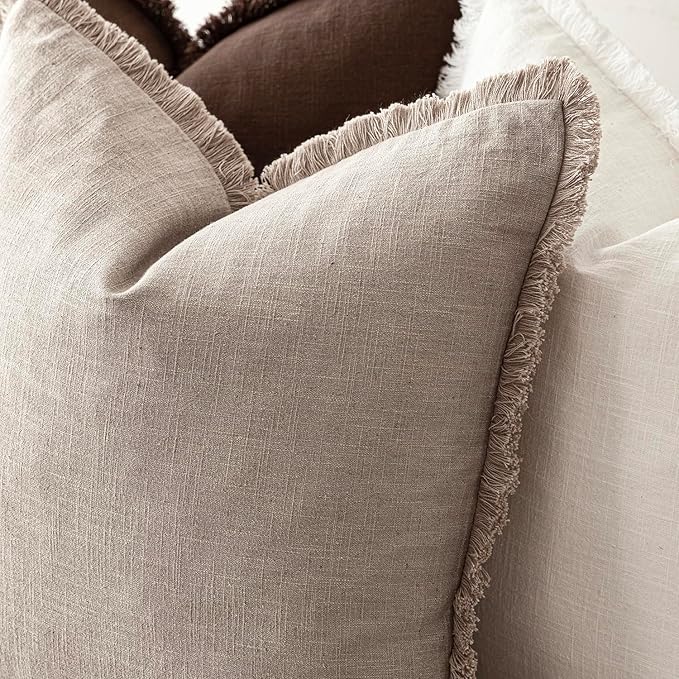Foindtower Set of 2 Decorative Linen Fringe Throw Pillow Covers Farmhouse Cushion Cover with Tassels Soft Accent Pillowcase f