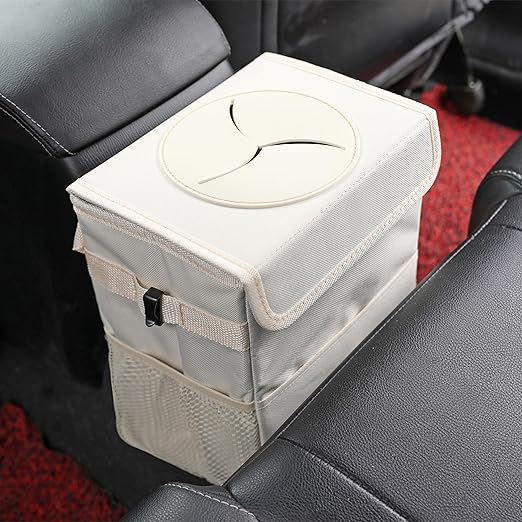 Car Garbage can with lid Leak Proof Vehicle Trash Can 3 Storage Pockets Hanging Waterproof car Trash Bag for SUV Beige
