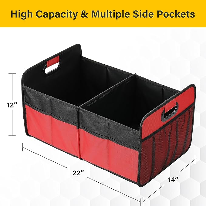 YSSOA 2 Compartments Car Trunk Organizer, 600D Oxford Polyester Car Storage, Anti-slip 14" D x 22" W x 12" H Collapsible
