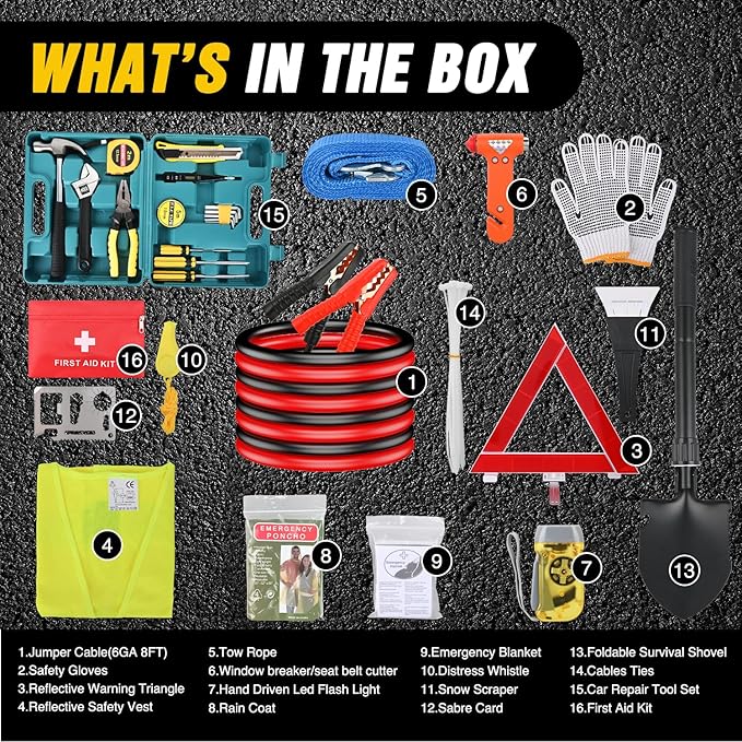 Nilight Car Emergency Kit with Jumper Cable Air Compressor Tire Repair Essential Tools First Aid Alligator Connector Electric