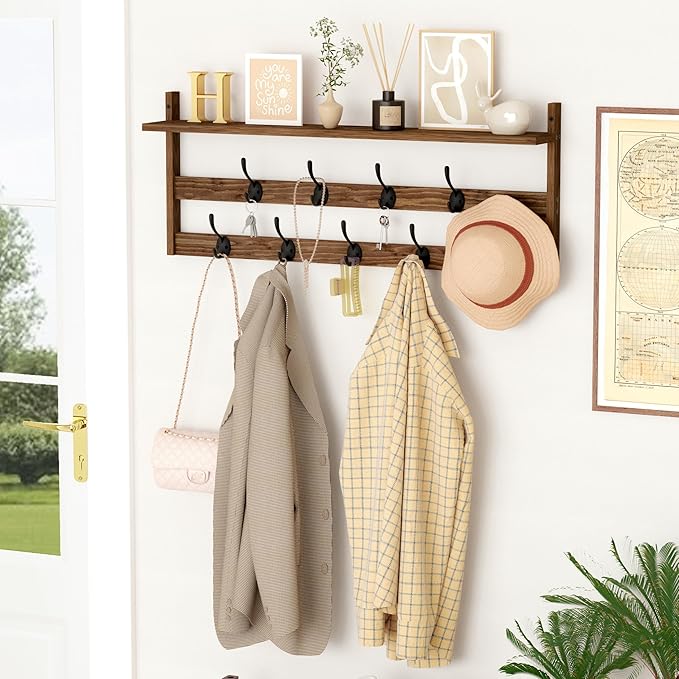 AMBIRD Coat Rack Wall Mount with Shelf, 29" Coat Hooks Wall Mounted with 9 Metal Hooks for Entryway, Bathroom, Bedroom, Livin