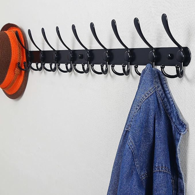 Dseap Coat Rack Wall Mount - 38” Long 10-Tri-Hooks Heavy Duty Coat Hanger Rail Wall Hooks for Hanging Coats Hats Clothing Clo