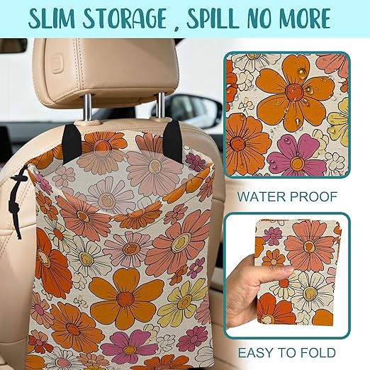 Car Trash Bag Hippie Vintage Flowers Leak-Proof Car Garbage Bag with Drawstring Foldable Canvas Trash Bin with Adjustable Buckle for Car Accessories, Travelling, Camping