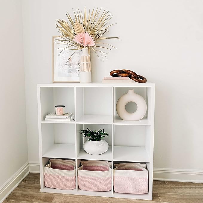 OrganiHaus Rope Baskets for Shelves - Set of 3 Woven Storage Baskets for Organizing, Closet & Toy Storage - Pink/Off-White - 