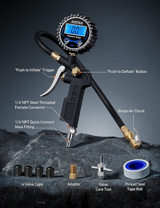 AstroAI Digital Tire Pressure Gauge with Inflator, 250 PSI Air Chuck & Compressor Accessories Heavy Duty with Quick Connect Coupler, 0.1 Display Resolution, Car Accessories, 2pack