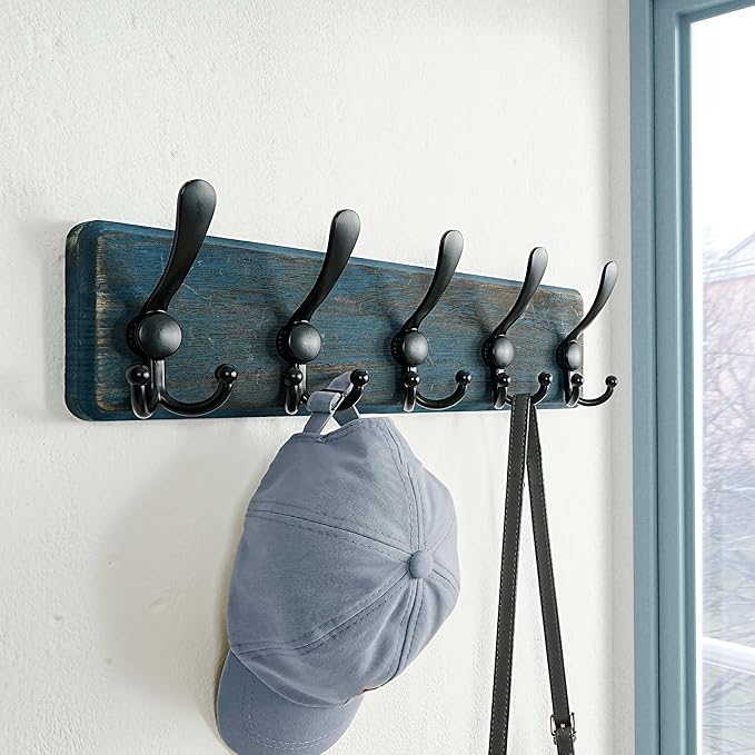 Dseap Coat Rack Wall Mount - Heavy-Duty Robust Barnwood-Style Wooden Wall Coat Hanger Hook Rail with 5 Triple Hooks for Winte